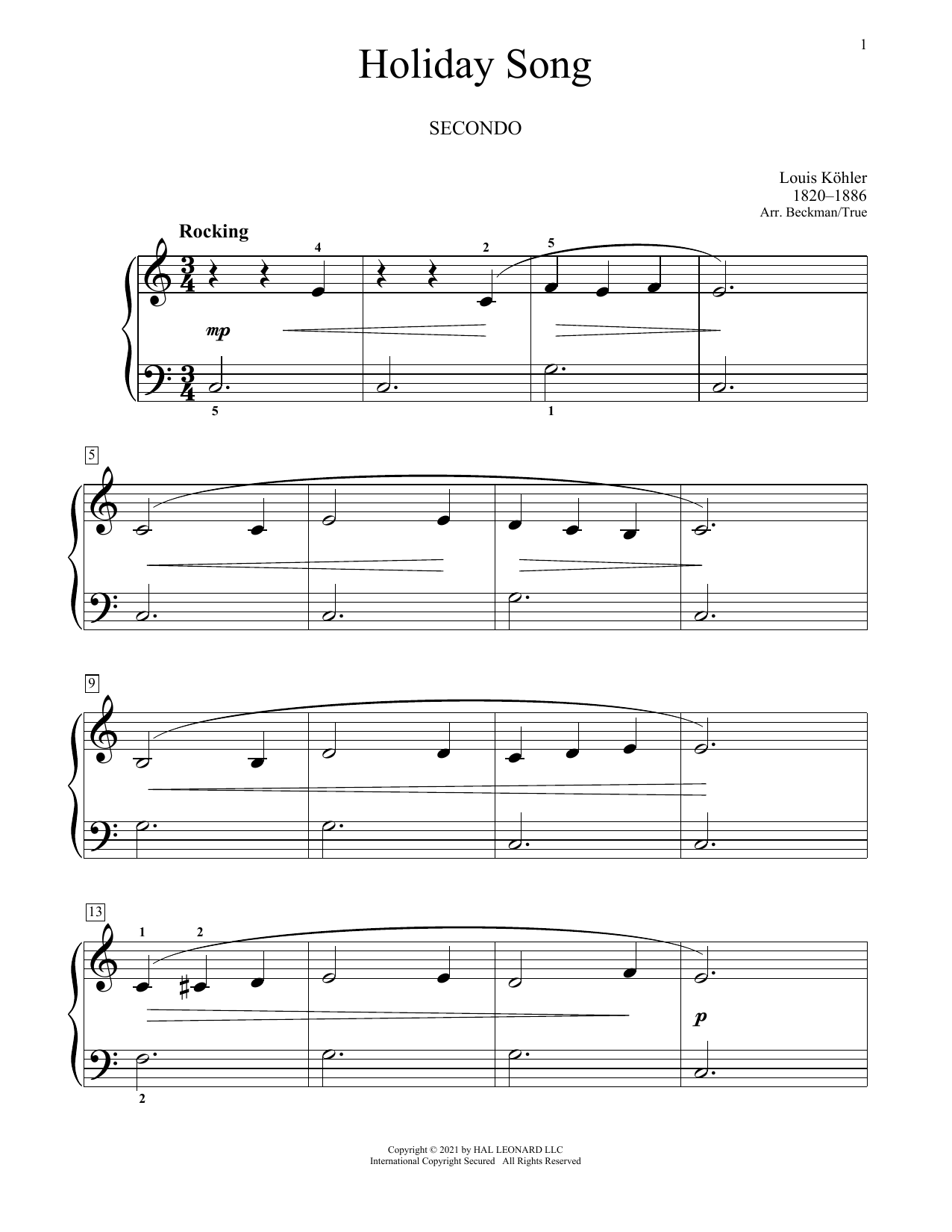 Louis Kohler Holiday Song sheet music notes and chords arranged for Piano Duet