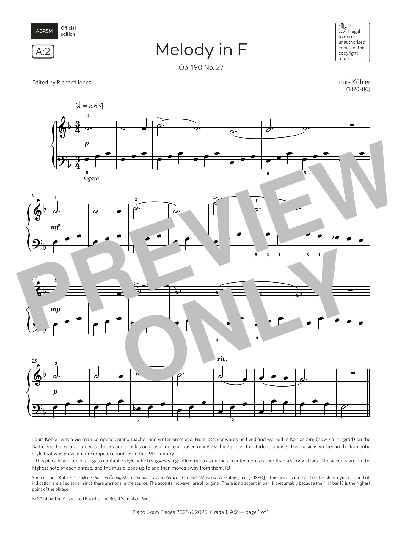 Louis Köhler Melody in F (Grade 1, list A2, from the ABRSM Piano Syllabus 2025 & 2026) sheet music notes and chords arranged for Piano Solo