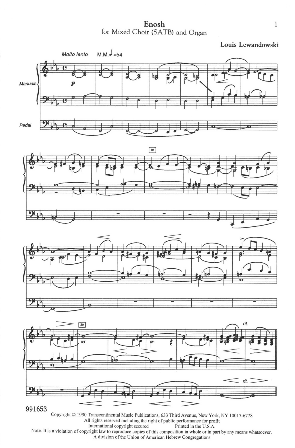Louis Lewandowski Enosh sheet music notes and chords arranged for SATB Choir