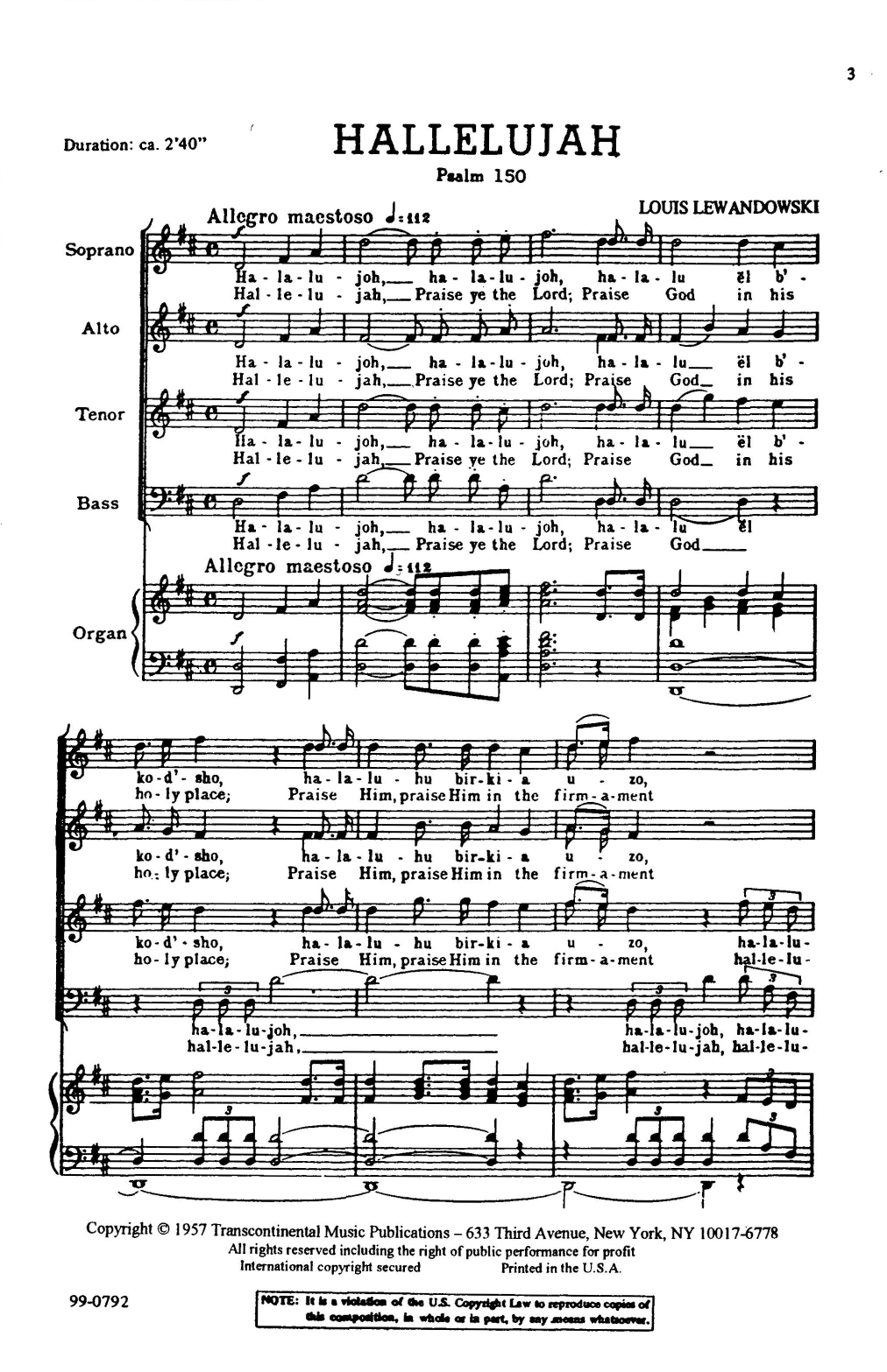 Louis Lewandowski Hallelujah (Psalm 150) sheet music notes and chords arranged for SATB Choir
