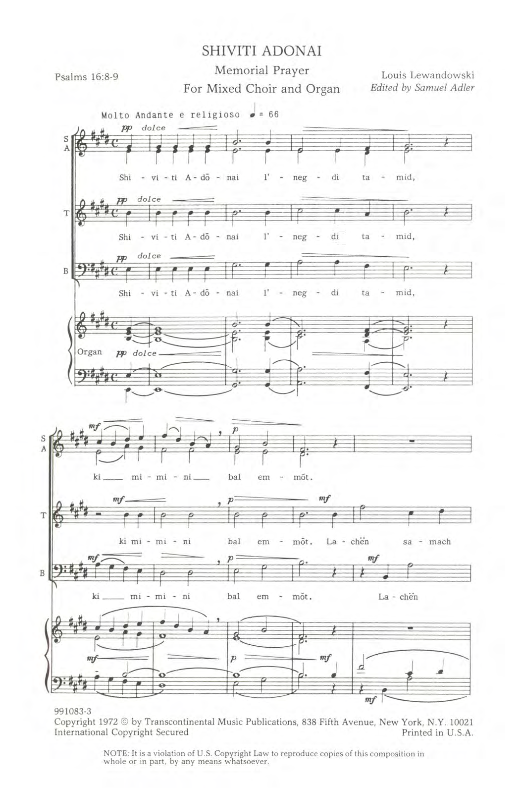 Louis Lewandowski Shiviti Adonai sheet music notes and chords arranged for SATB Choir