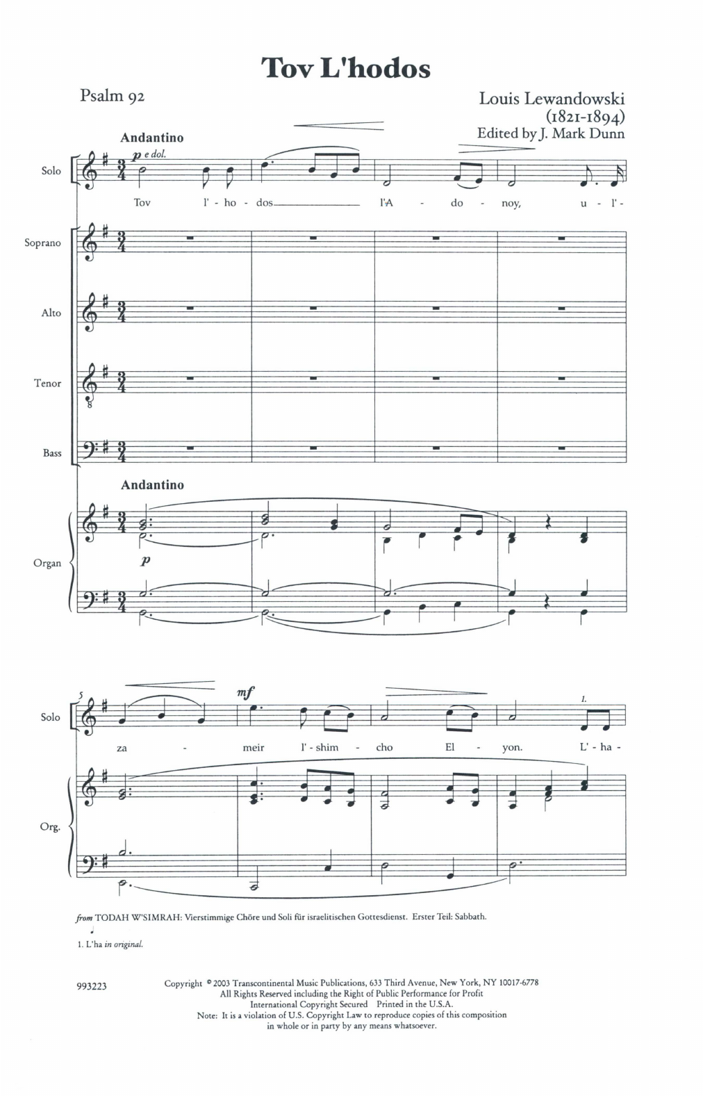 Louis Lewandowski Tov L'hdot (it Is Good To Give Thanks) sheet music notes and chords arranged for SATB Choir