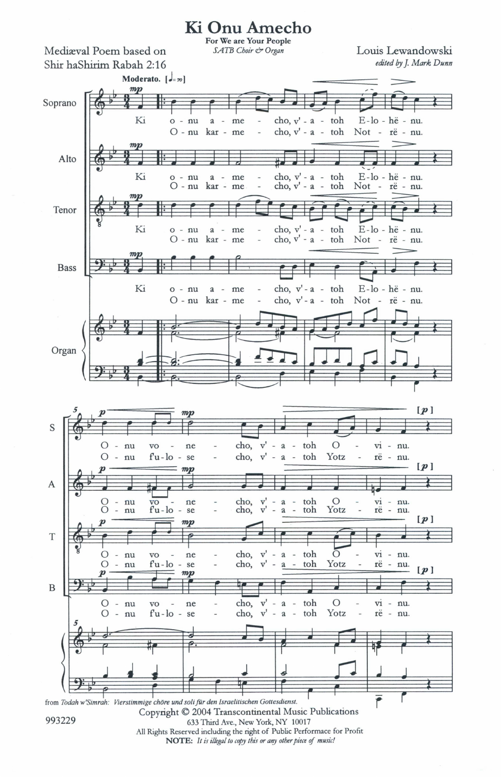 Louis Lewandowski Two Settings of Ki Onu Omecho sheet music notes and chords arranged for SATB Choir