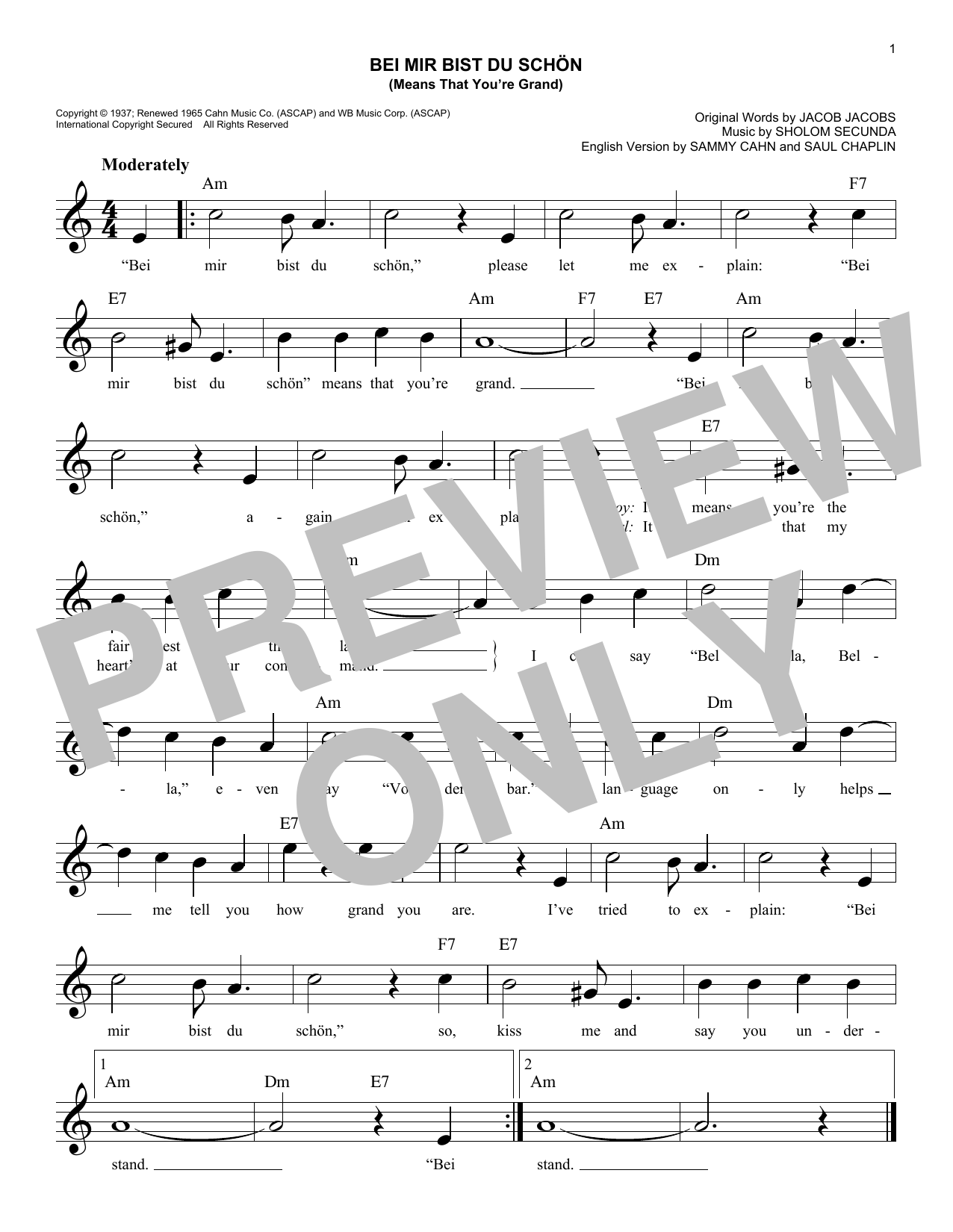 Louis Prima & Keely Smith Bei Mir Bist Du Schon (Means That You're Grand) sheet music notes and chords arranged for Lead Sheet / Fake Book