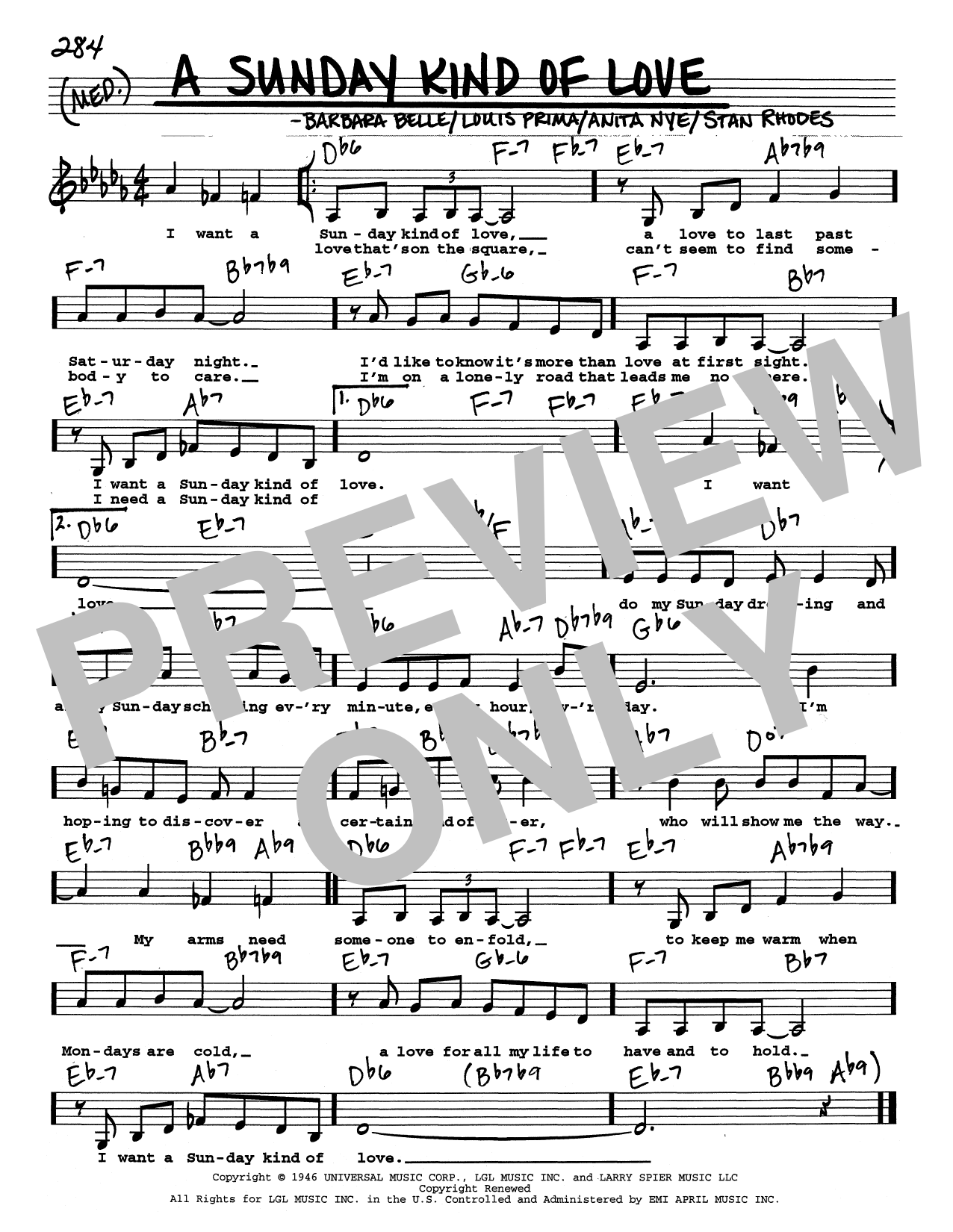 Louis Prima A Sunday Kind Of Love (Low Voice) sheet music notes and chords arranged for Real Book – Melody, Lyrics & Chords