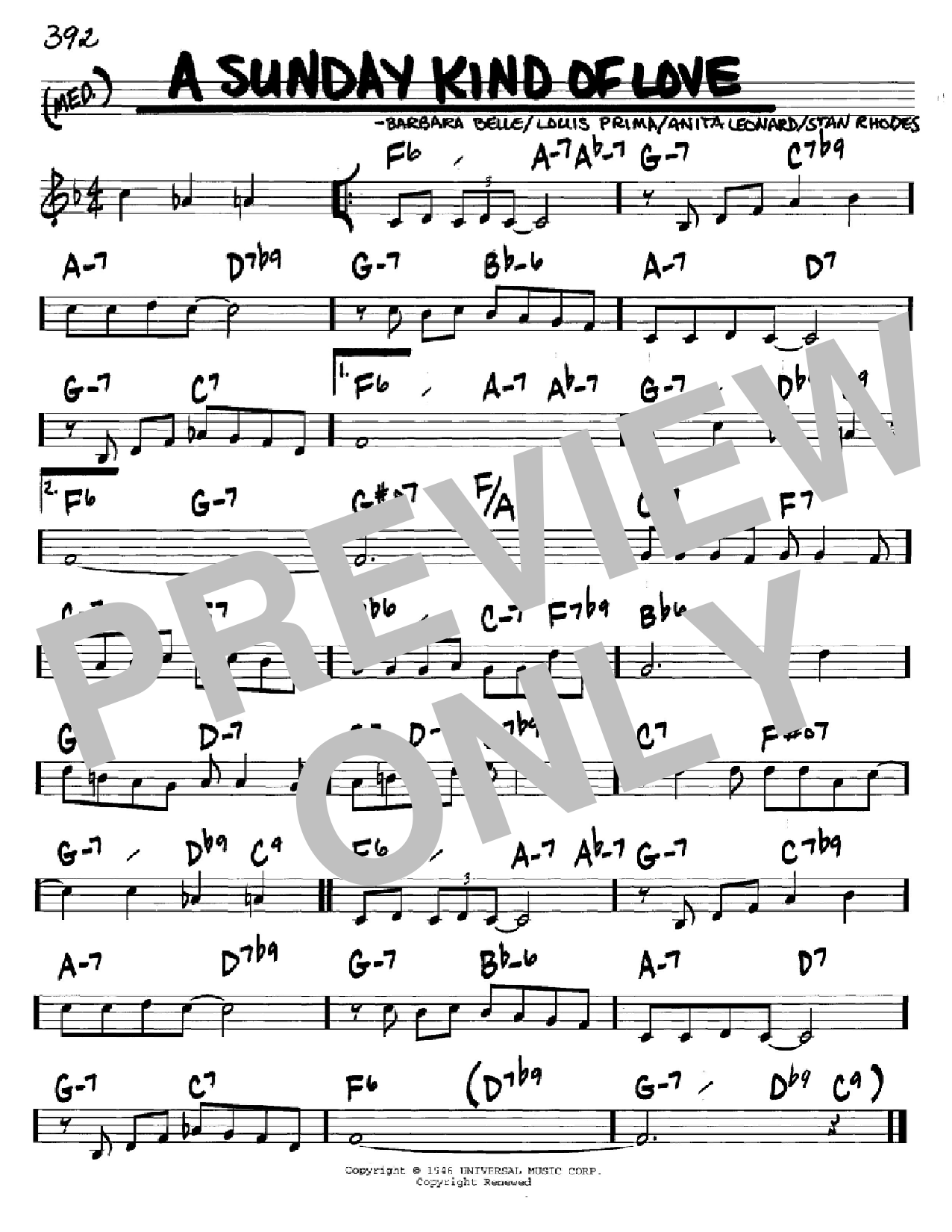Louis Prima A Sunday Kind Of Love sheet music notes and chords arranged for Real Book – Melody & Chords – Bb Instruments