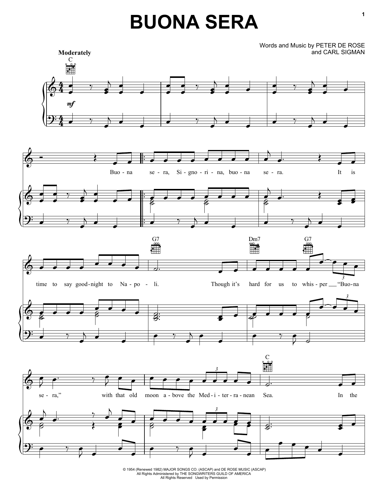Louis Prima Buona Sera sheet music notes and chords arranged for Piano, Vocal & Guitar Chords (Right-Hand Melody)
