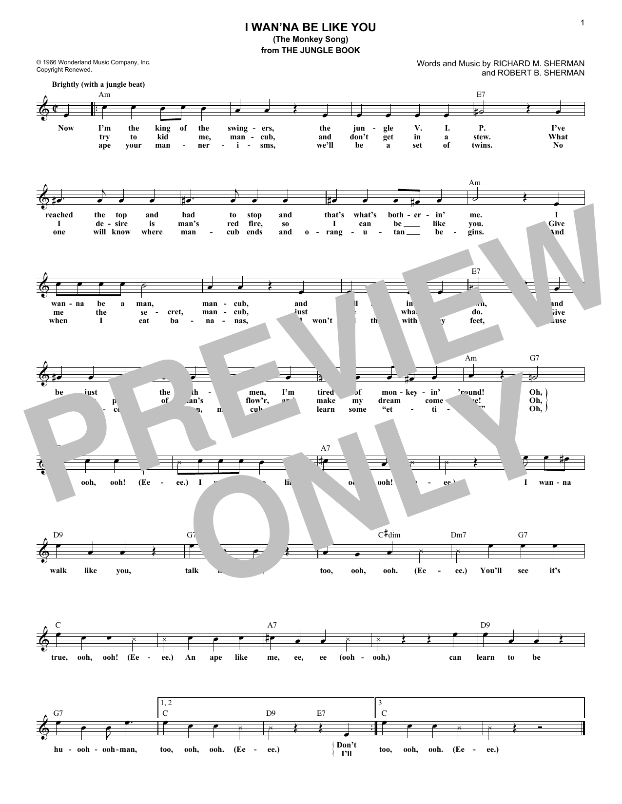 Louis Prima I Wan'na Be Like You (The Monkey Song) (from The Jungle Book) sheet music notes and chords arranged for Lead Sheet / Fake Book