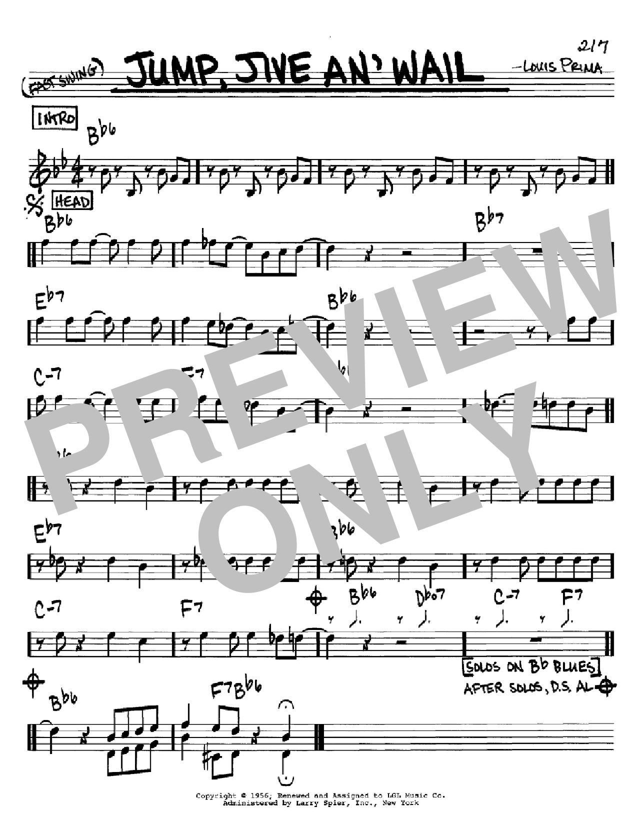 Louis Prima Jump, Jive An' Wail sheet music notes and chords arranged for Real Book – Melody & Chords – Bass Clef Instruments