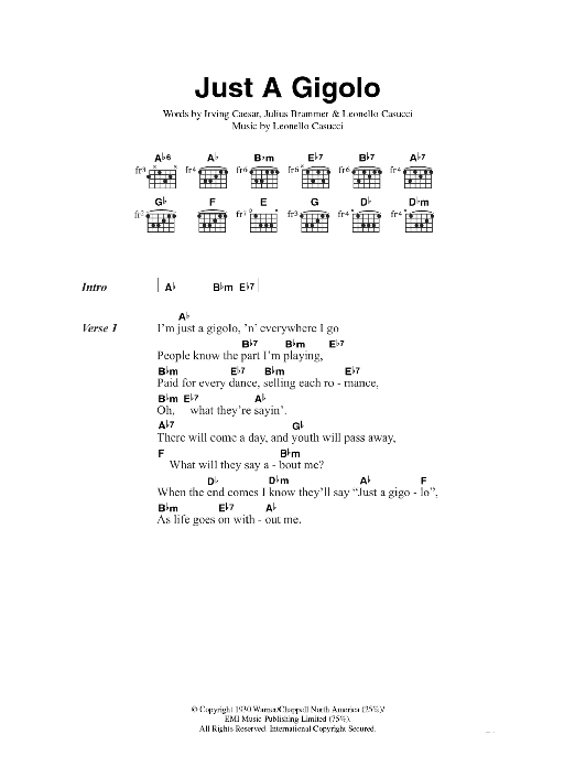 Louis Prima Just A Gigolo sheet music notes and chords arranged for Guitar Chords/Lyrics