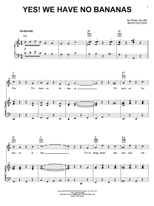 Louis Prima Yes! We Have No Bananas sheet music notes and chords arranged for Piano, Vocal & Guitar Chords (Right-Hand Melody)