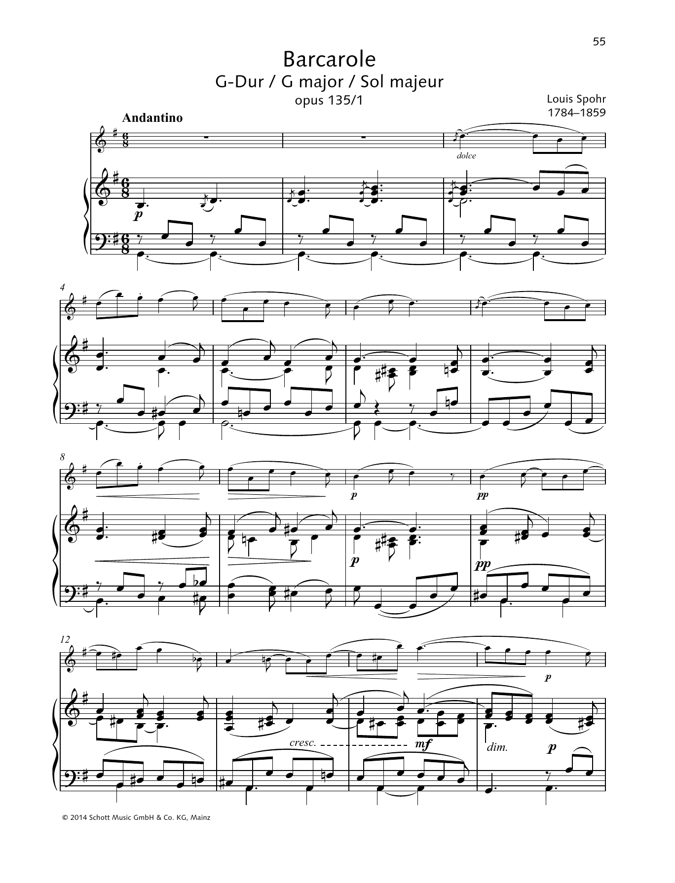 Louis Spohr Barcarole G major sheet music notes and chords arranged for String Solo