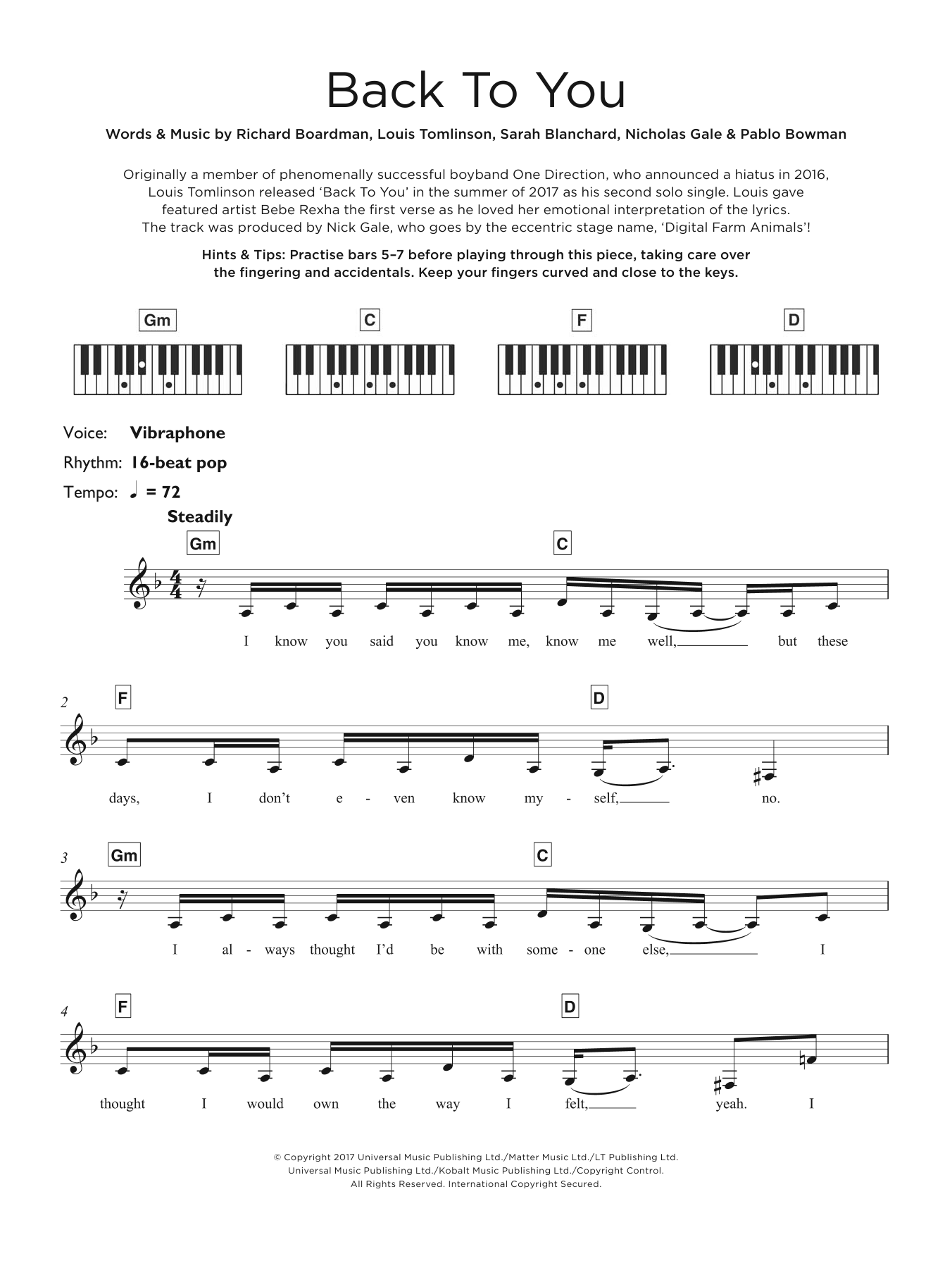 Louis Tomlinson Back To You (featuring Bebe Rexha and Digital Farm Animals) sheet music notes and chords arranged for Keyboard (Abridged)
