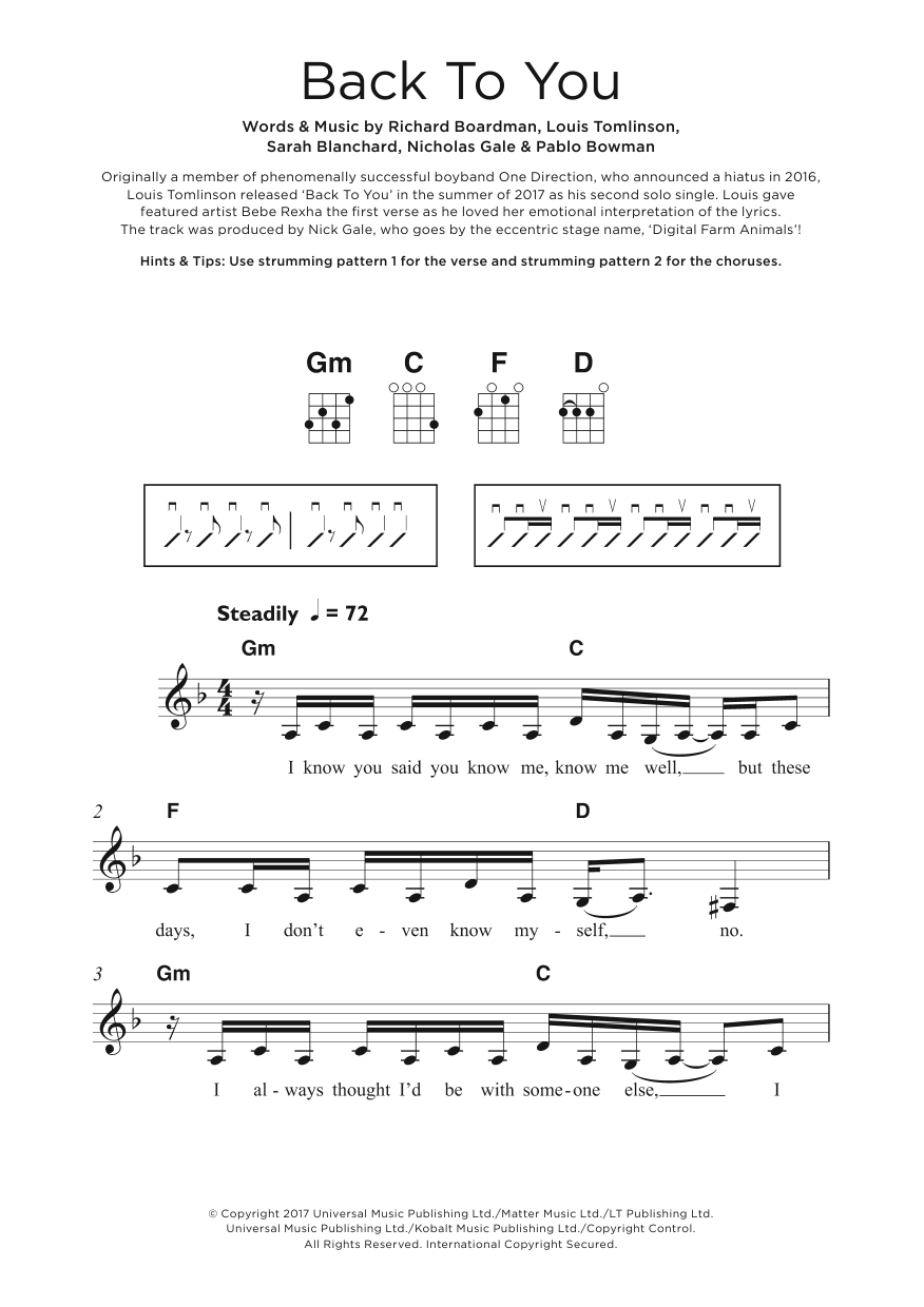 Louis Tomlinson Back To You (feat. Bebe Rexha & Digital Farm Animals) sheet music notes and chords arranged for Ukulele