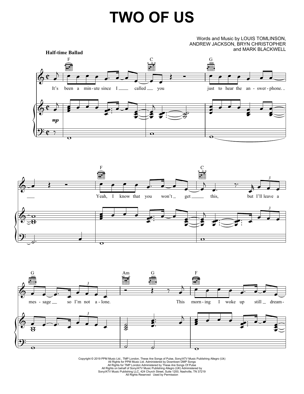 Louis Tomlinson Two Of Us sheet music notes and chords arranged for Piano, Vocal & Guitar Chords (Right-Hand Melody)