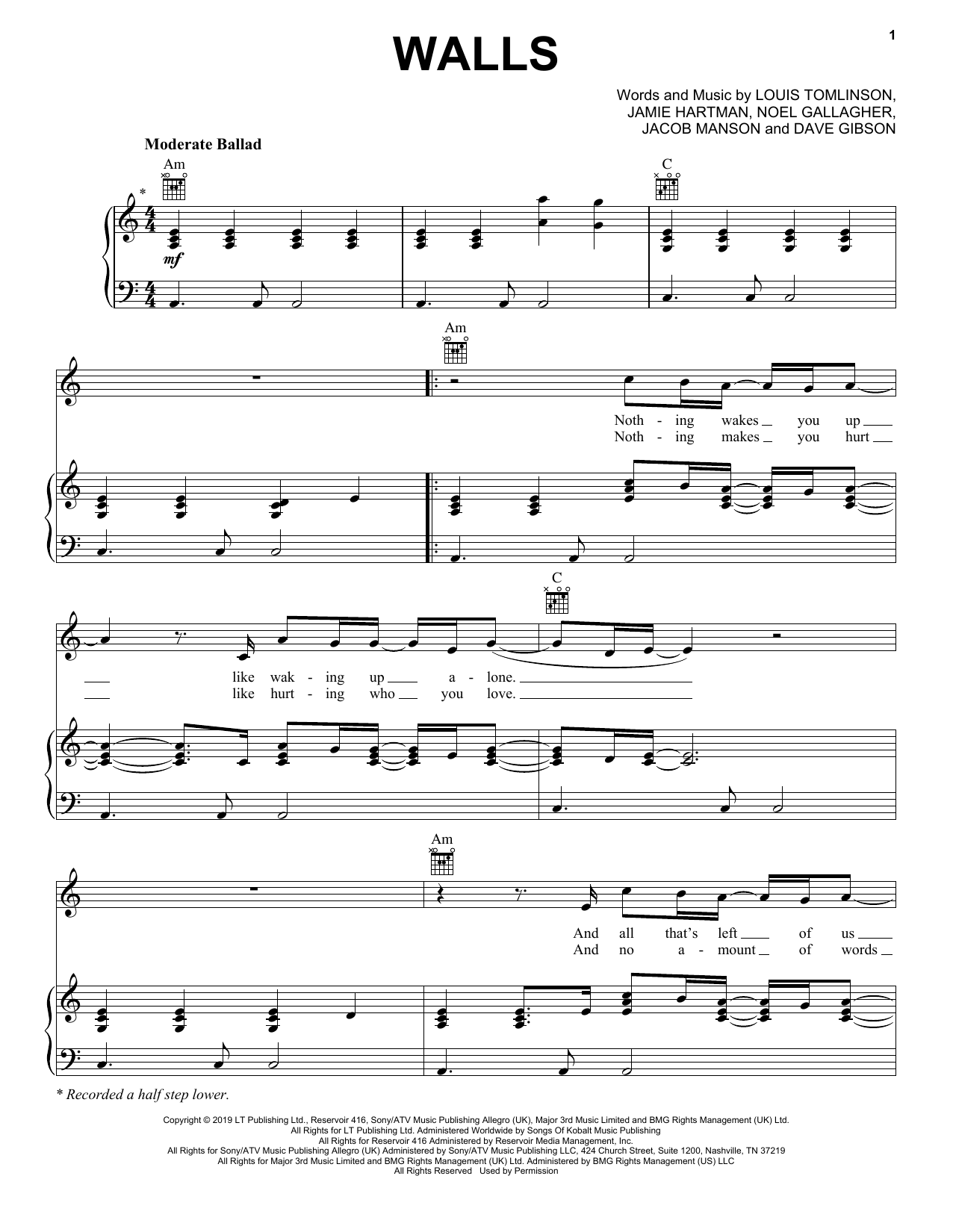 Louis Tomlinson Walls sheet music notes and chords arranged for Piano, Vocal & Guitar Chords (Right-Hand Melody)