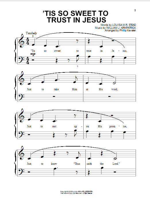 Louisa M.R. Stead 'Tis So Sweet To Trust In Jesus (arr. Phillip Keveren) sheet music notes and chords arranged for Beginning Piano Solo