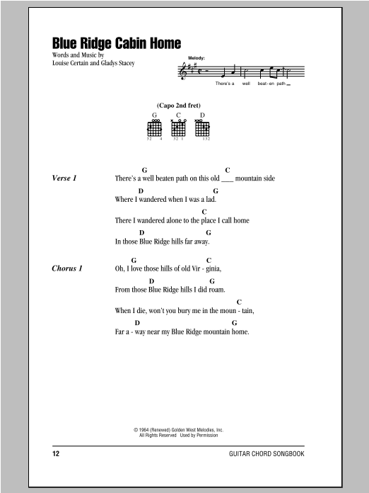 Louise Certain Blue Ridge Cabin Home sheet music notes and chords arranged for Guitar Chords/Lyrics