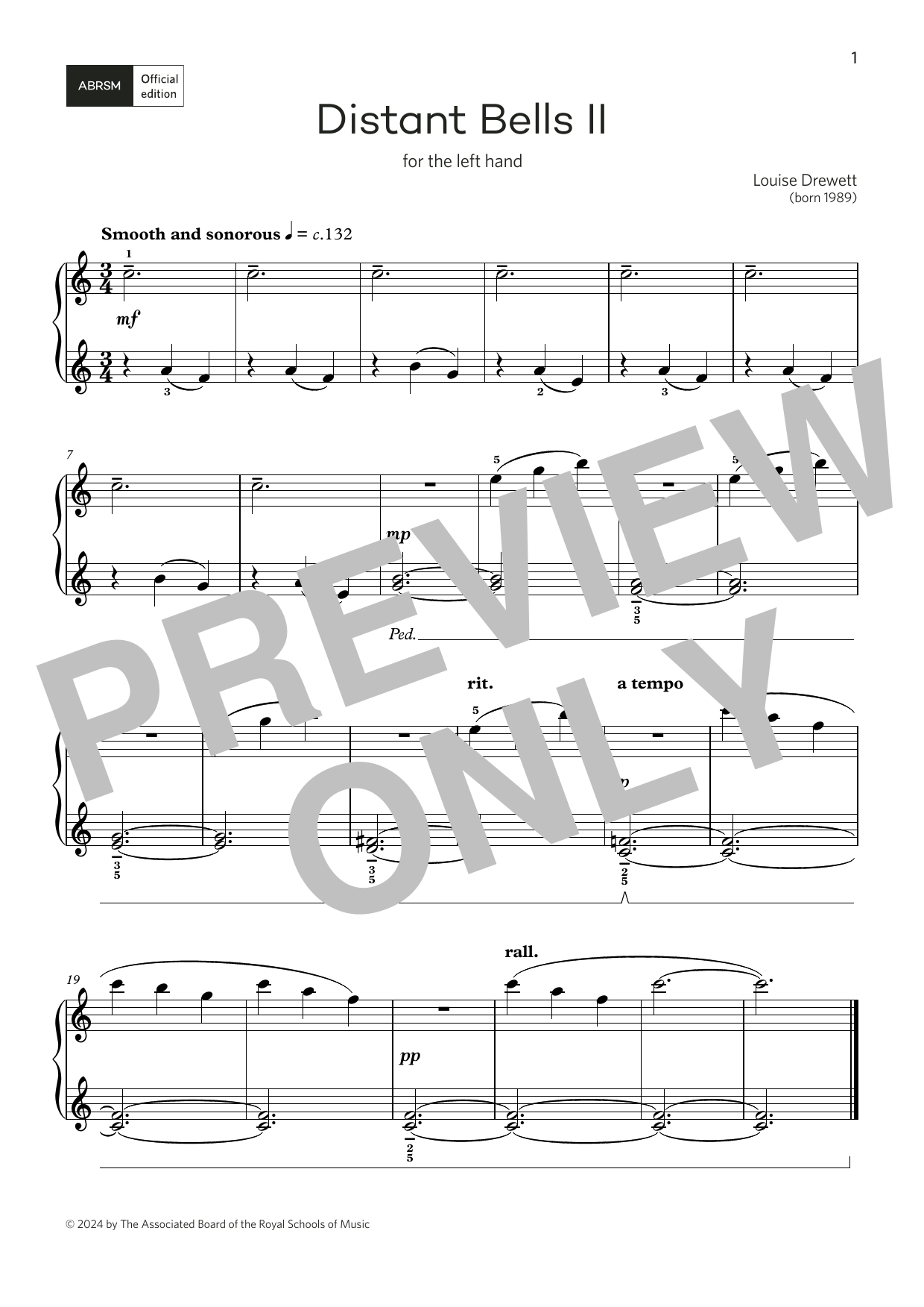 Louise Drewett Distant Bells II: for left and right hand (Grade 1, list B, ABRSM Piano Syllabus 2025 & 2026) sheet music notes and chords arranged for Piano Solo