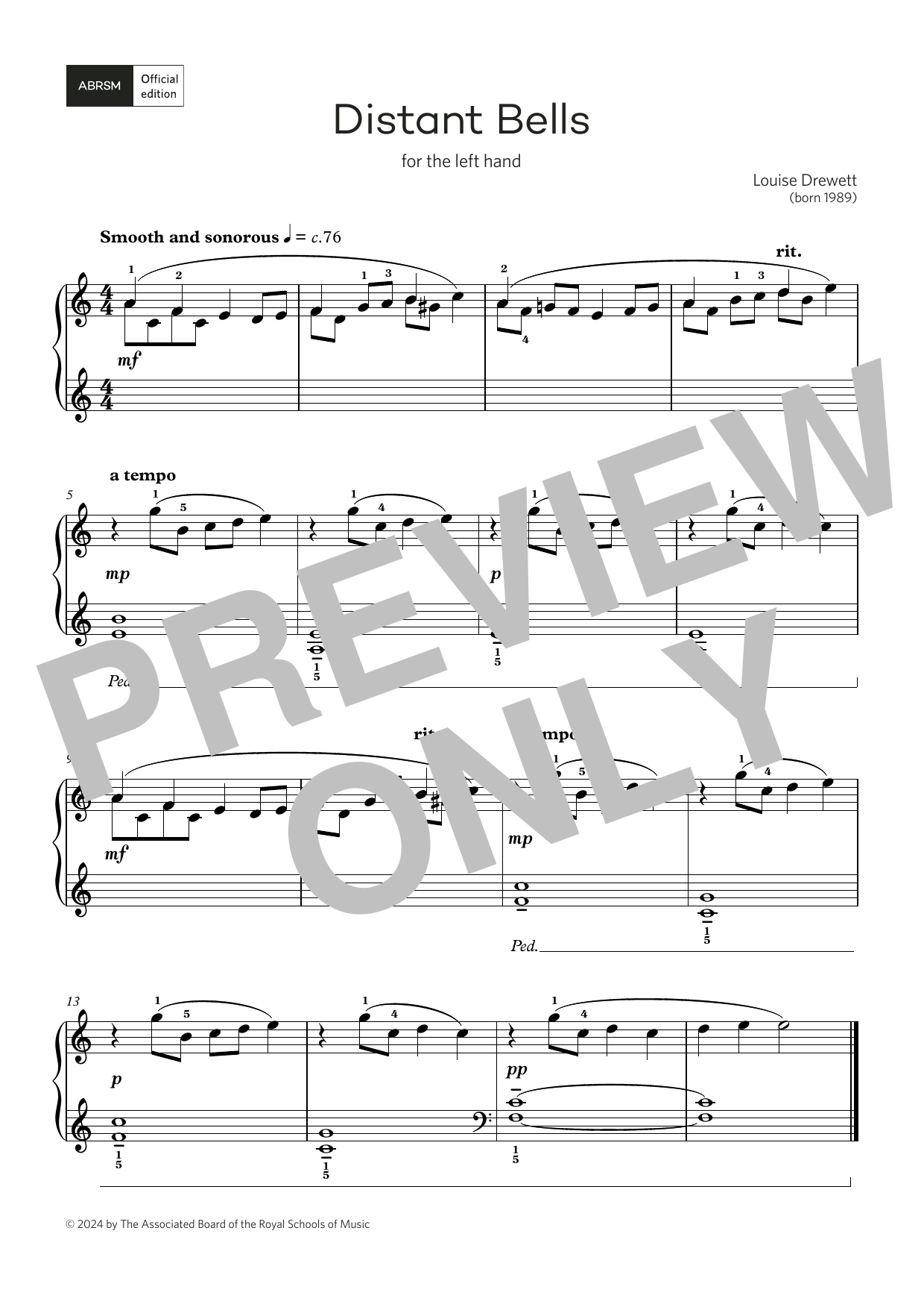 Louise Drewett Distant Bells: for left hand only (Grade 1, list B, from the ABRSM Piano Syllabus 2025 & 2026) sheet music notes and chords arranged for Piano Solo