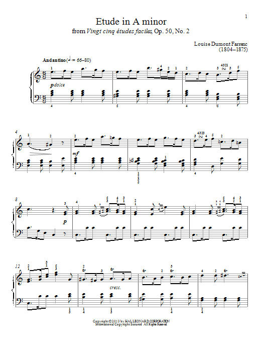 Louise Dumont Farrenc Etude In A Minor sheet music notes and chords arranged for Piano Solo
