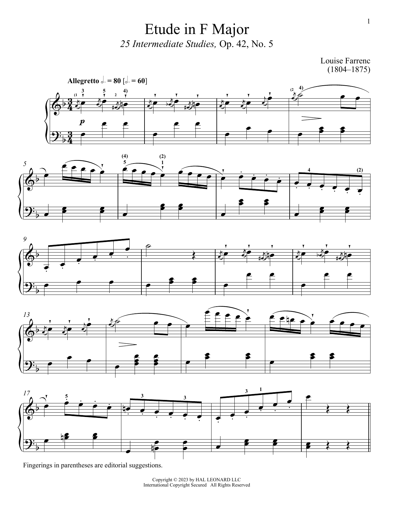 Louise Dumont Farrenc Etude in F Major sheet music notes and chords arranged for Piano Solo