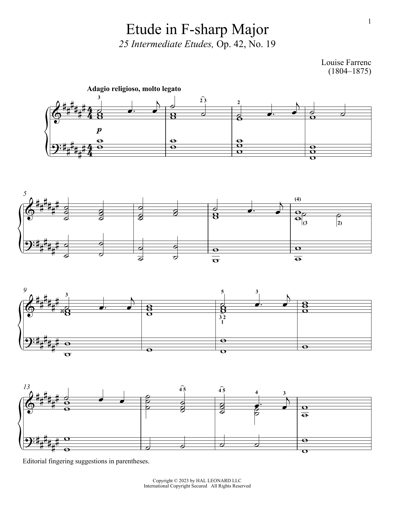 Louise Dumont Farrenc Etude in F-sharp Major sheet music notes and chords arranged for Piano Solo