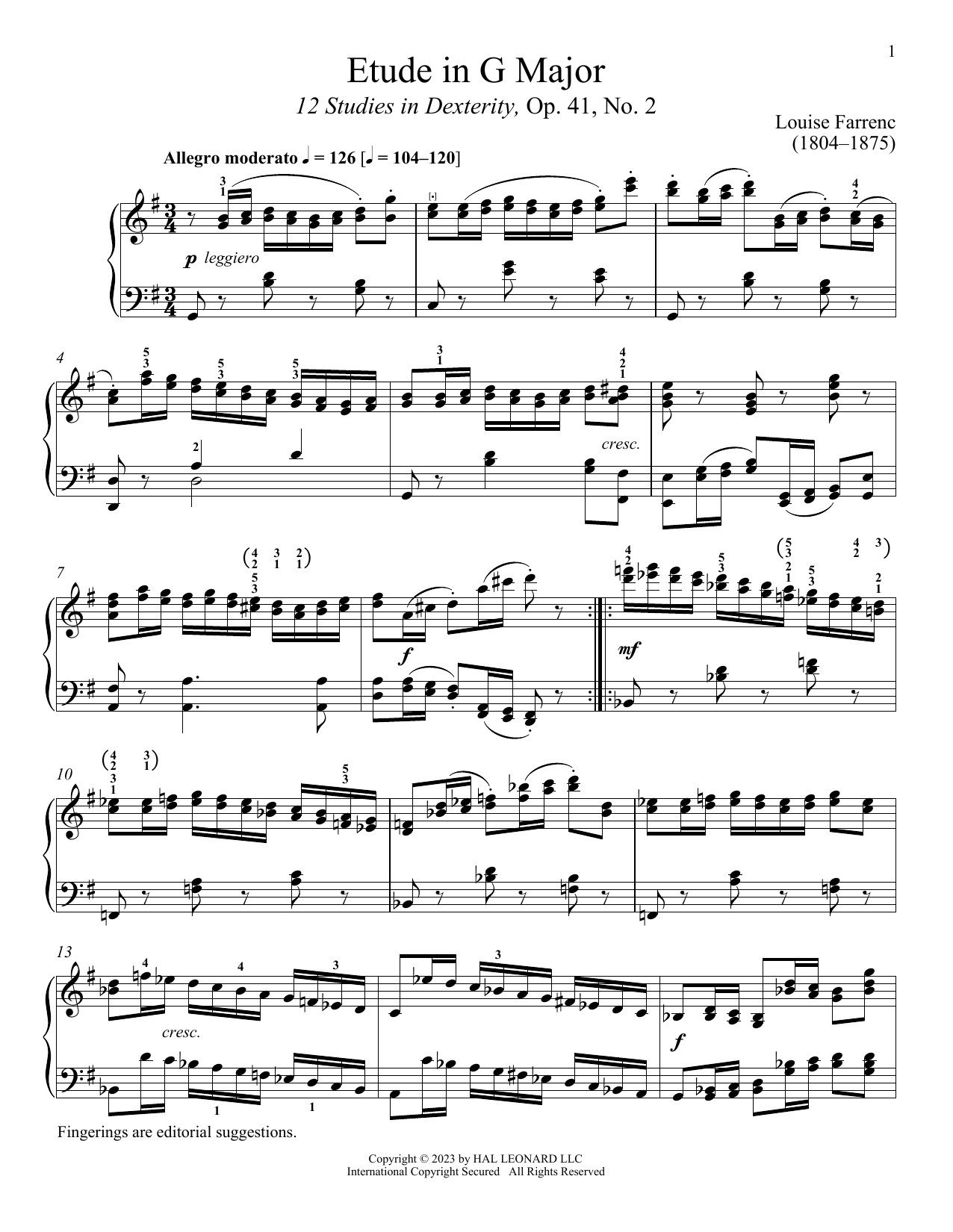 Louise Dumont Farrenc Etude in G Major sheet music notes and chords arranged for Piano Solo