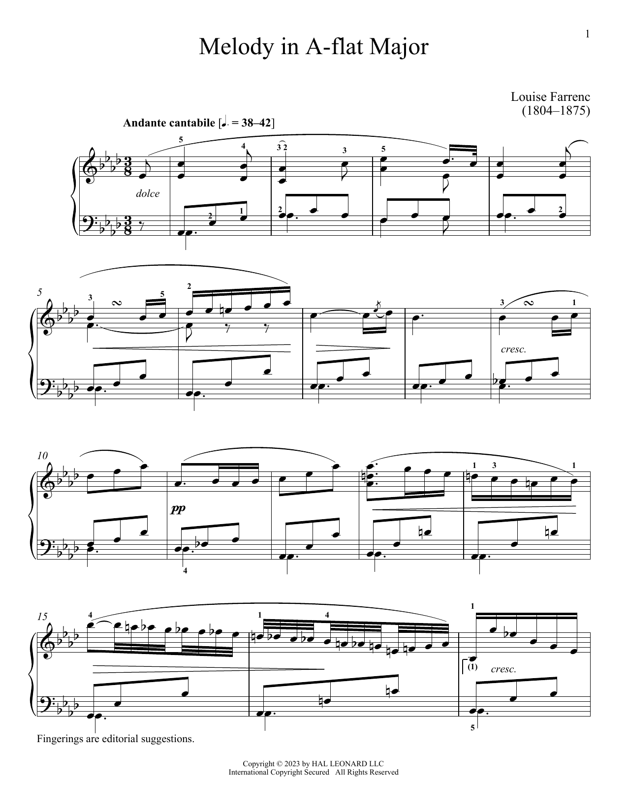 Louise Dumont Farrenc Melody in A-flat Major sheet music notes and chords arranged for Piano Solo