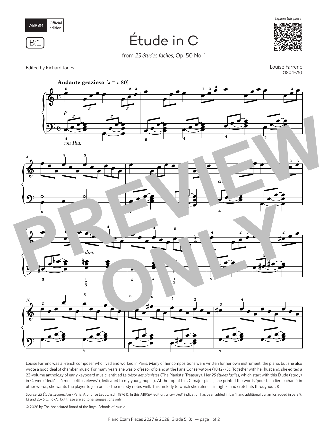 Louise Farrenc Étude in C (Grade 5, list B1, from the ABRSM Piano Syllabus 2027 & 2028) sheet music notes and chords arranged for Piano Solo