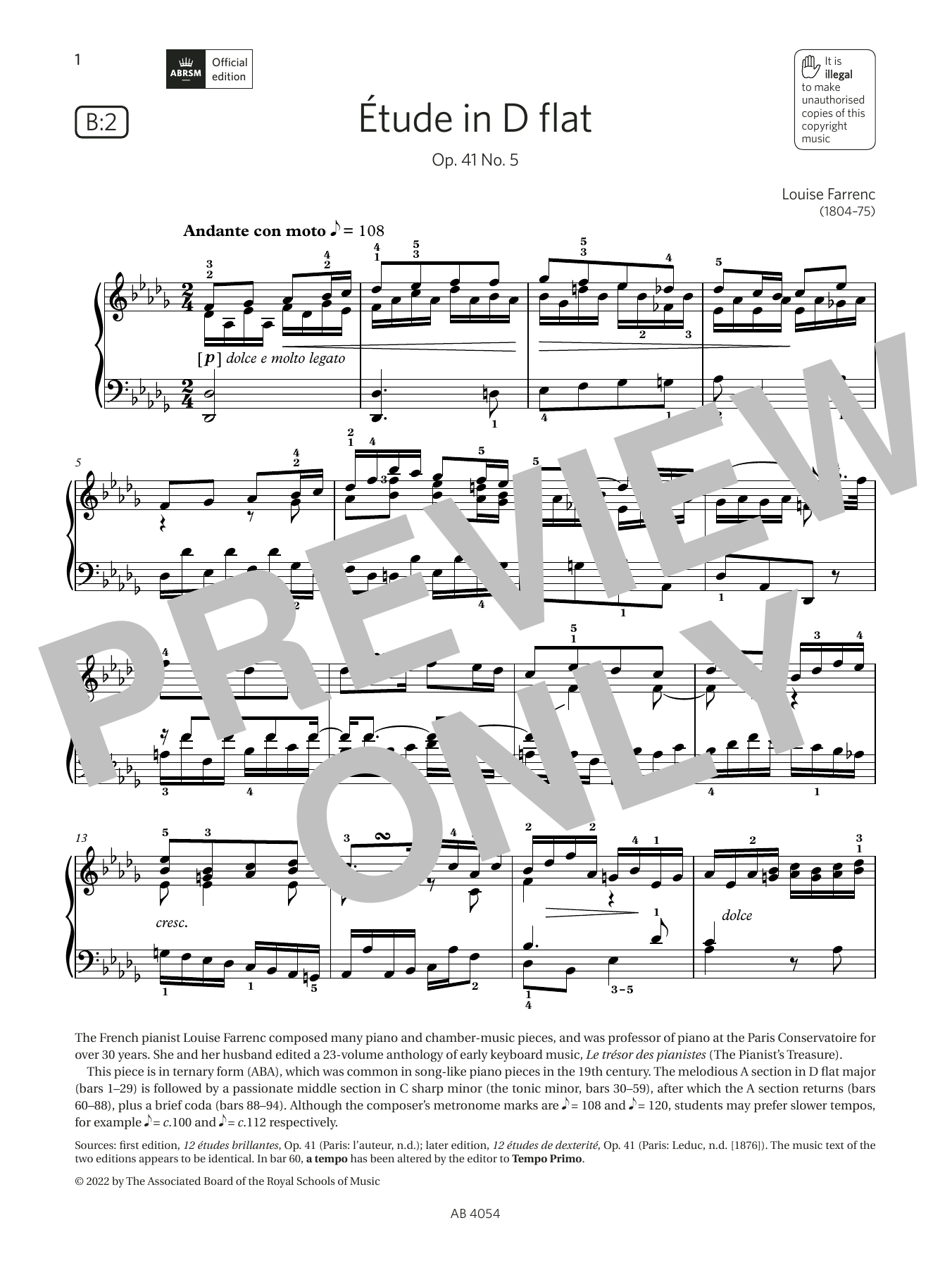 Louise Farrenc Étude in D flat (Grade 8, list B2, from the ABRSM Piano Syllabus 2023 & 2024) sheet music notes and chords arranged for Piano Solo