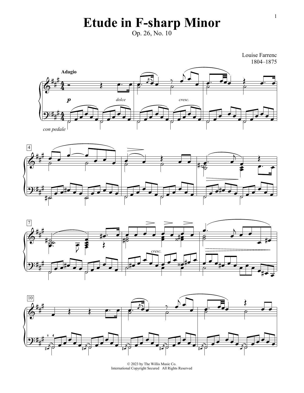 Louise Farrenc Etude In F-Sharp Minor, Op. 26, No. 10 sheet music notes and chords arranged for Educational Piano