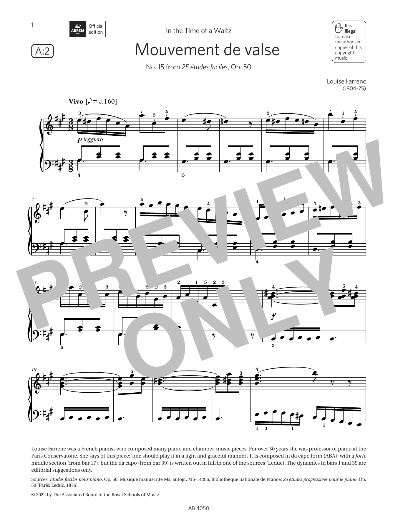 Louise Farrenc Mouvement de valse (Grade 4, list A2, from the ABRSM Piano Syllabus 2023 & 2024) sheet music notes and chords arranged for Piano Solo