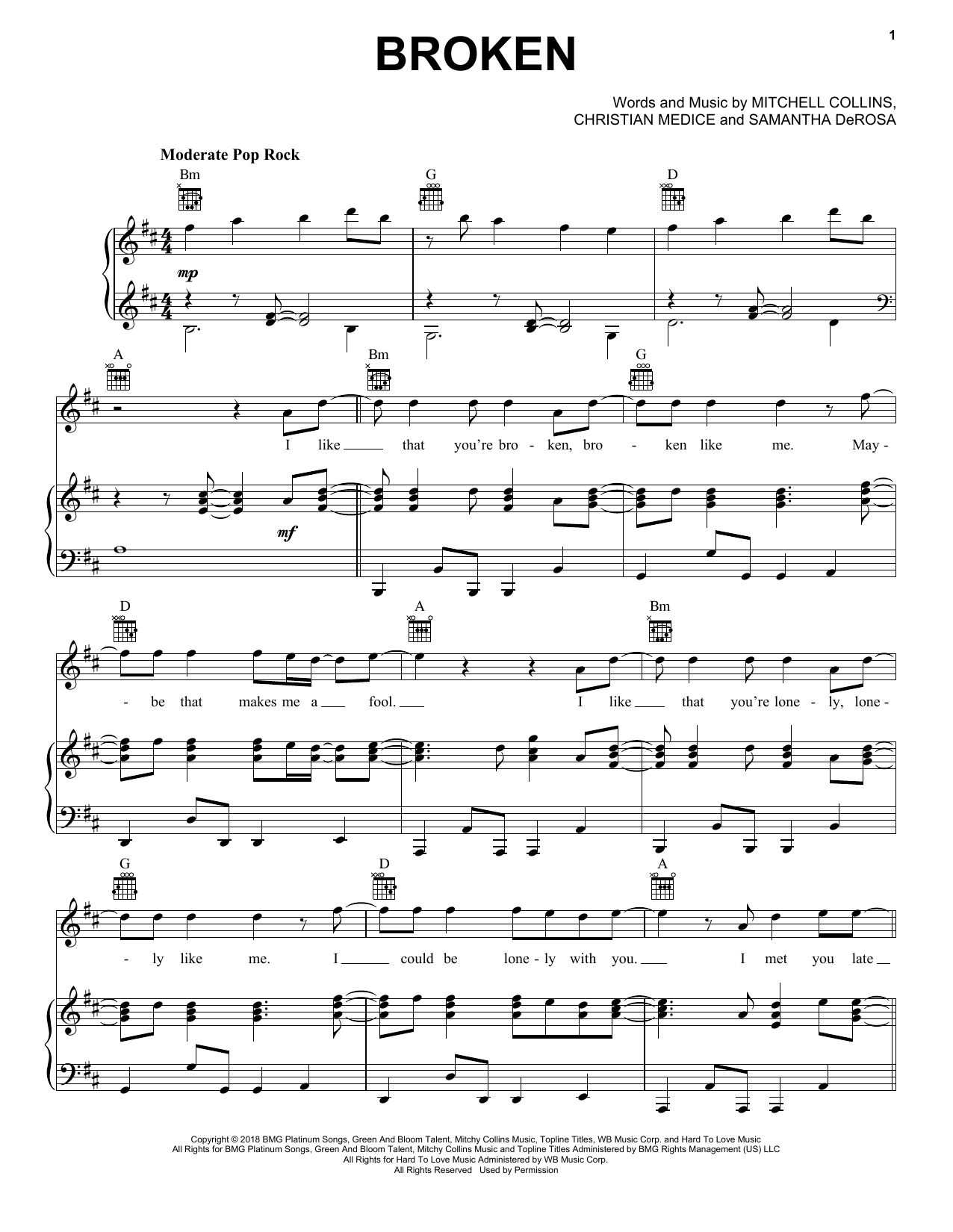 lovelytheband Broken sheet music notes and chords arranged for Easy Piano