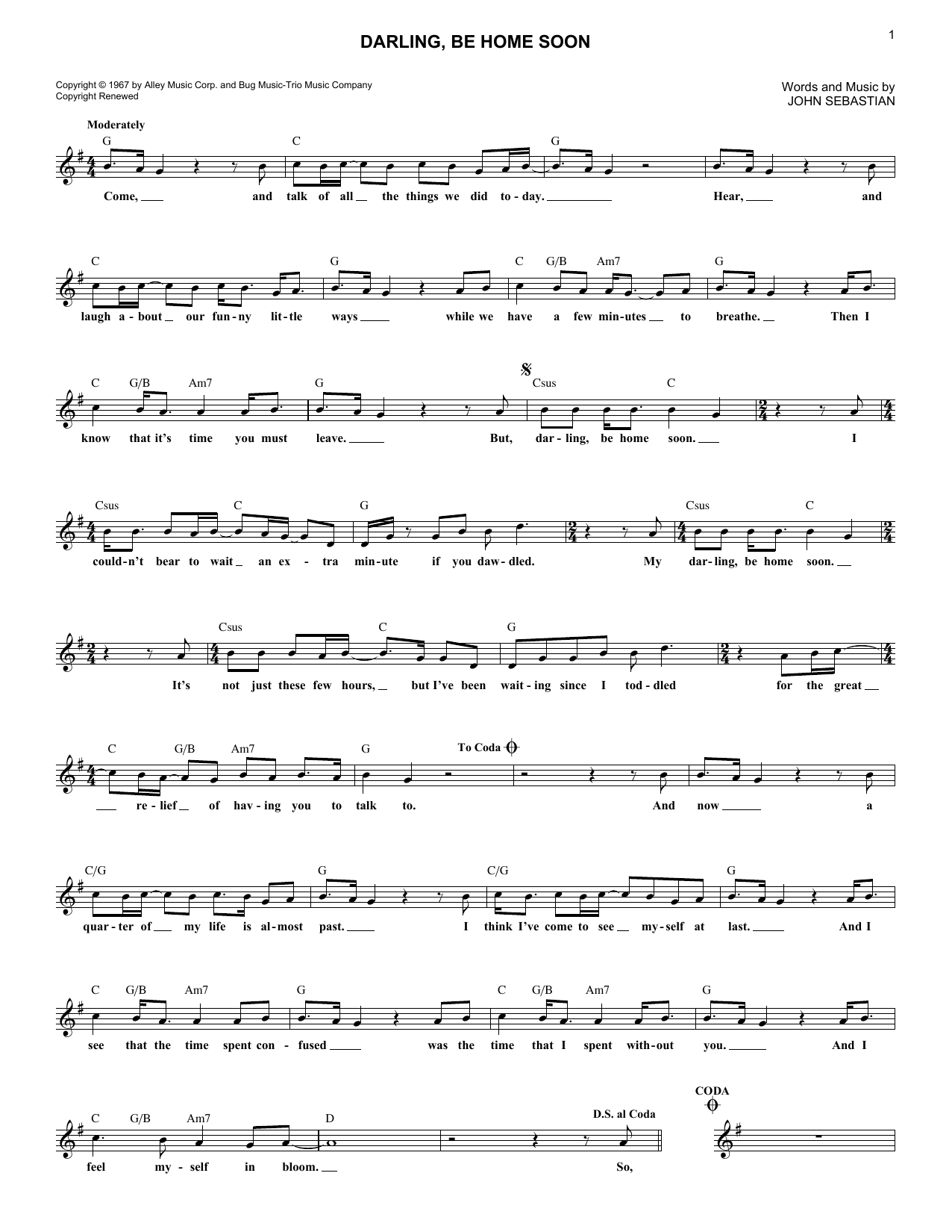 Lovin' Spoonful Darling, Be Home Soon sheet music notes and chords arranged for Lead Sheet / Fake Book