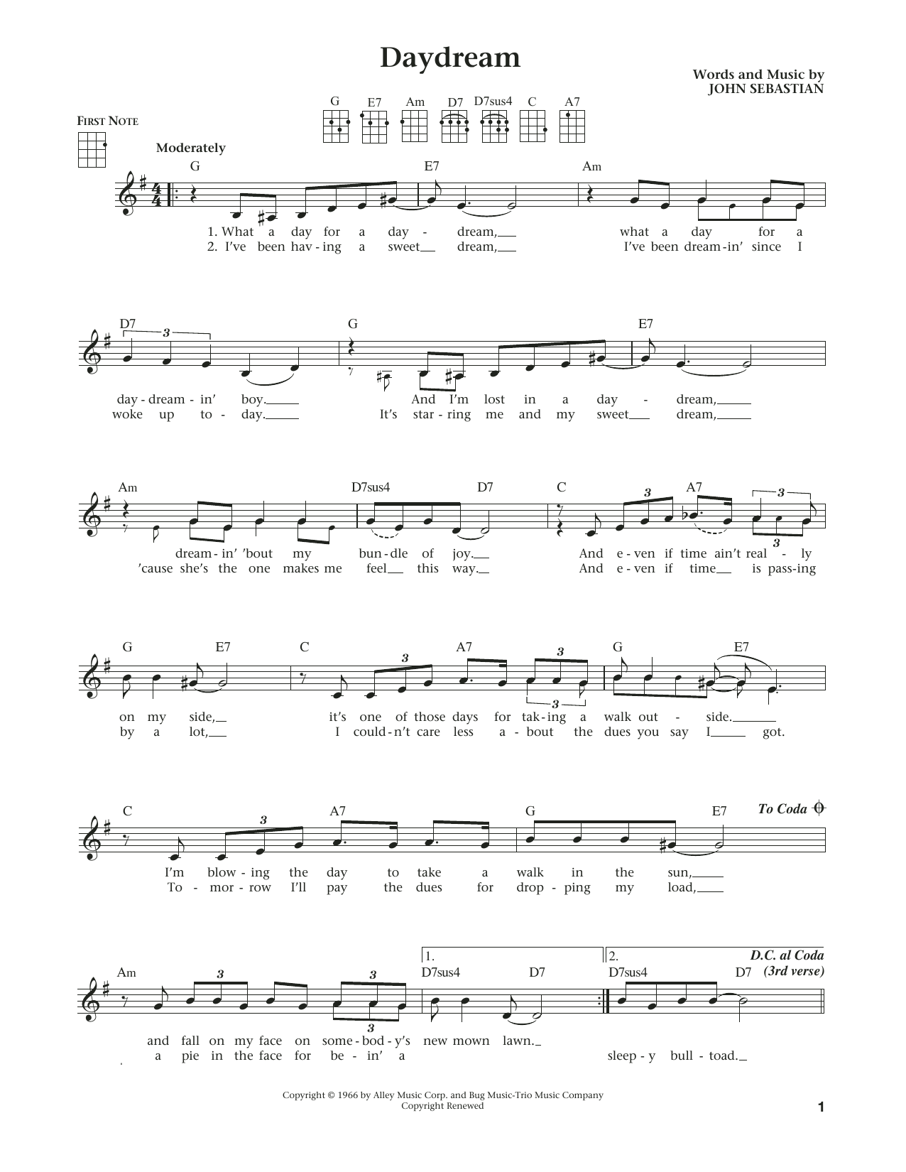 Lovin' Spoonful Daydream (from The Daily Ukulele) (arr. Liz and Jim Beloff) sheet music notes and chords arranged for Ukulele