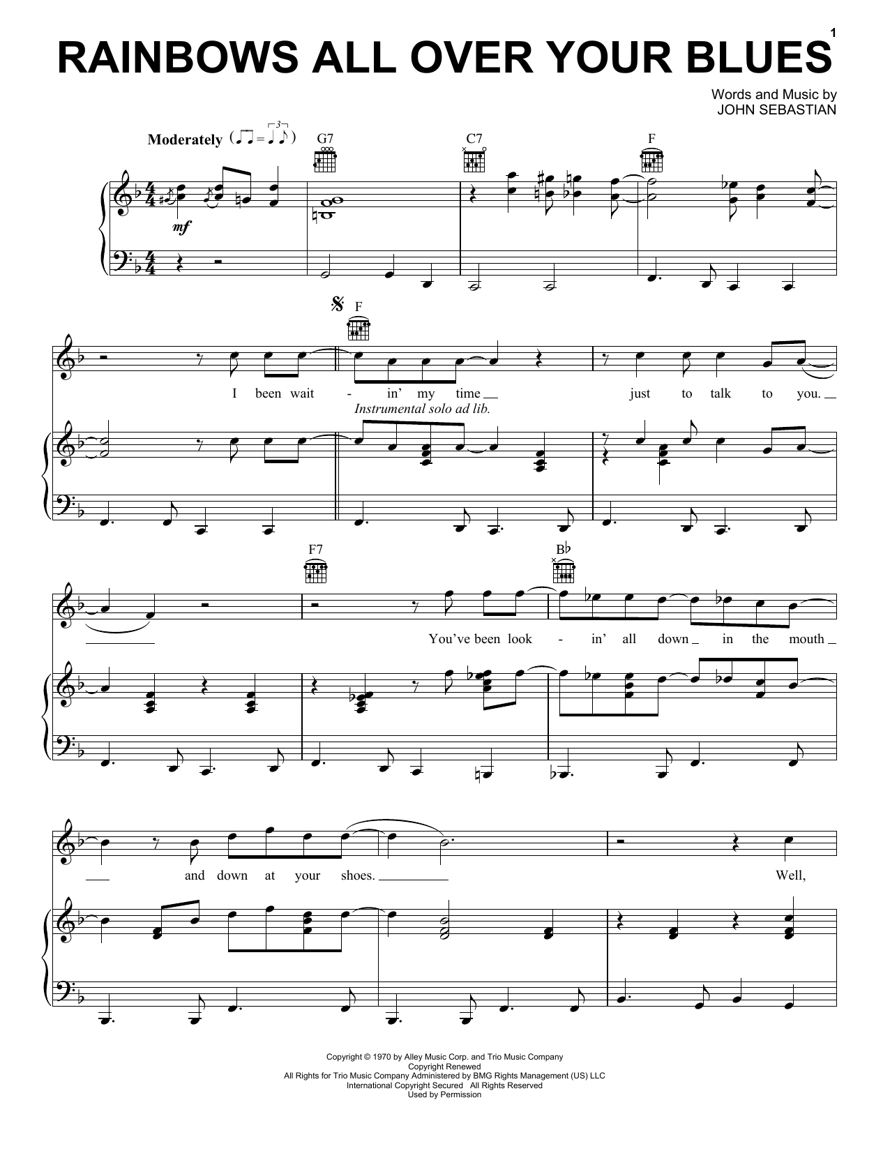 Lovin' Spoonful Rainbows All Over Your Blues sheet music notes and chords arranged for Piano, Vocal & Guitar Chords (Right-Hand Melody)