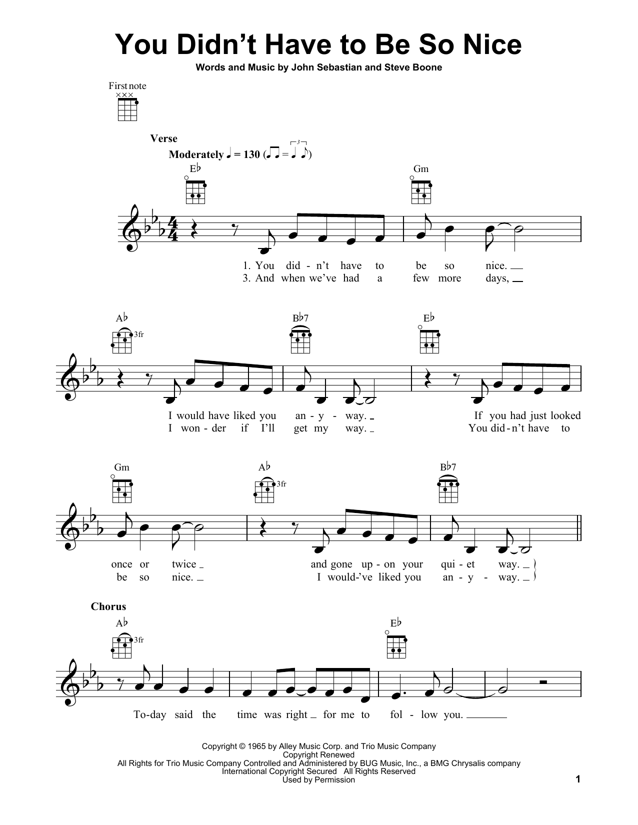 Lovin' Spoonful You Didn't Have To Be So Nice sheet music notes and chords arranged for Lead Sheet / Fake Book
