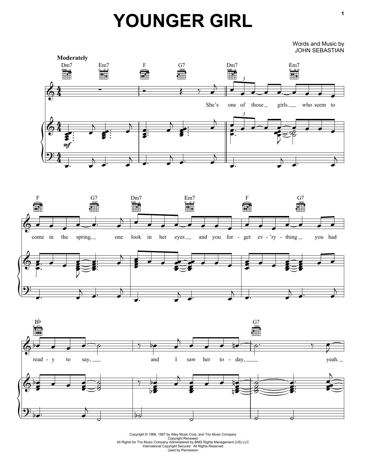 Lovin' Spoonful Younger Girl sheet music notes and chords arranged for Piano, Vocal & Guitar Chords (Right-Hand Melody)