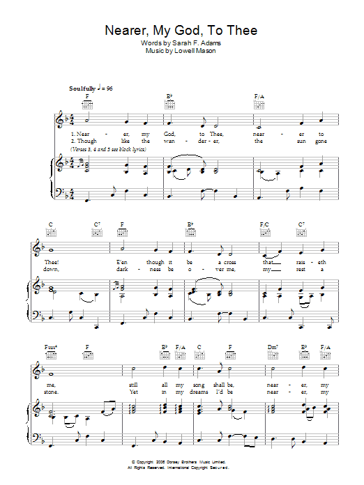 Lowell Mason Nearer, My God, To Thee sheet music notes and chords arranged for Piano Solo