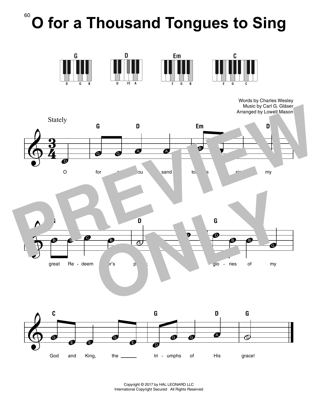 Lowell Mason O For A Thousand Tongues To Sing sheet music notes and chords arranged for Super Easy Piano