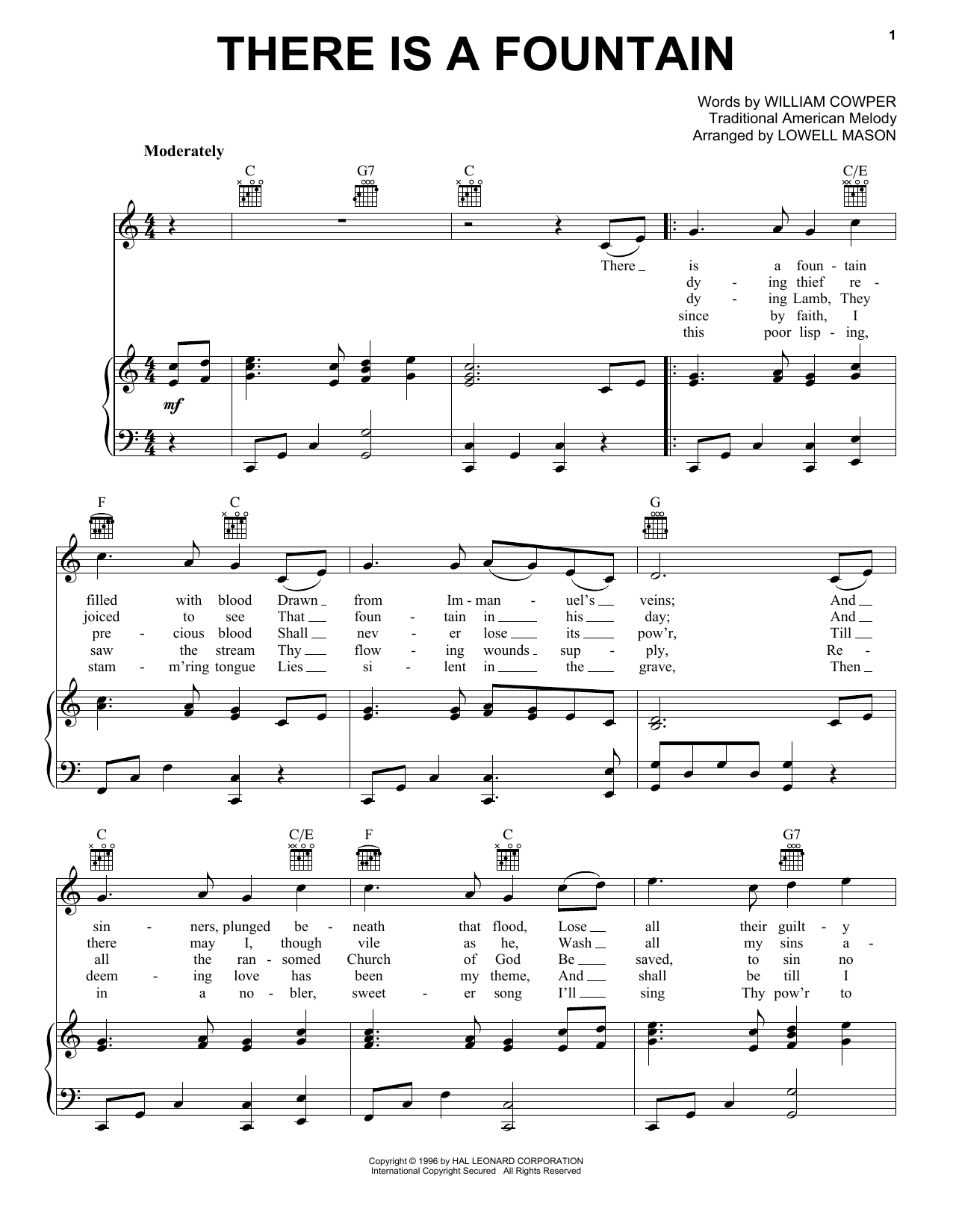 Lowell Mason There Is A Fountain sheet music notes and chords arranged for Piano, Vocal & Guitar Chords (Right-Hand Melody)