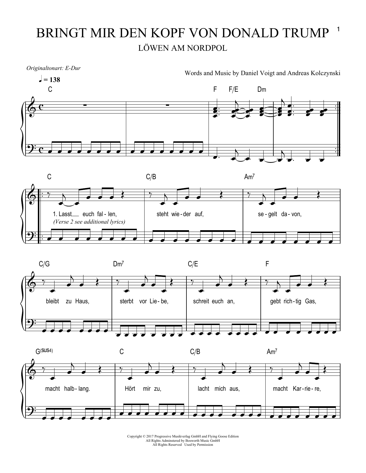 Löwen am Nordpol Bringt mir den Kopf von Donald Trump sheet music notes and chords arranged for Easy Piano