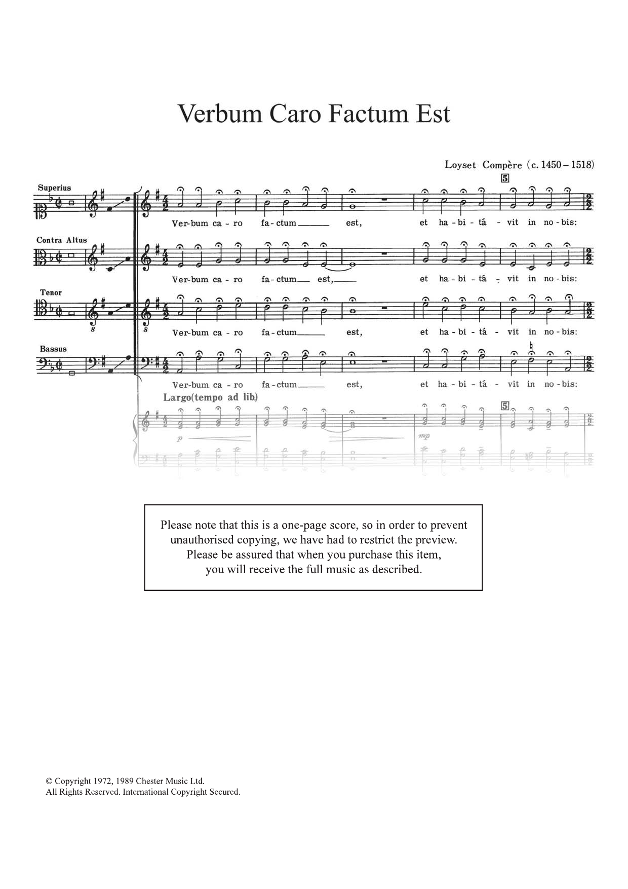 Loyset Compere Verbum Caro Factum Est sheet music notes and chords arranged for SATB Choir