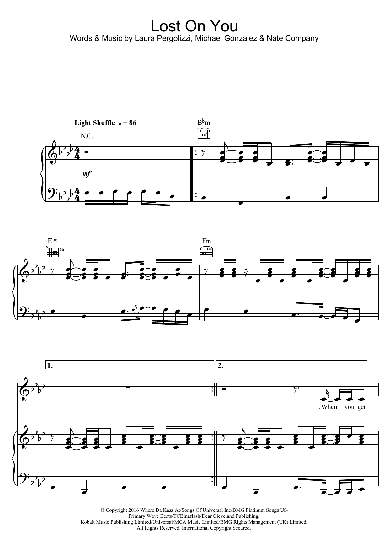 LP Lost On You sheet music notes and chords arranged for Piano, Vocal & Guitar Chords