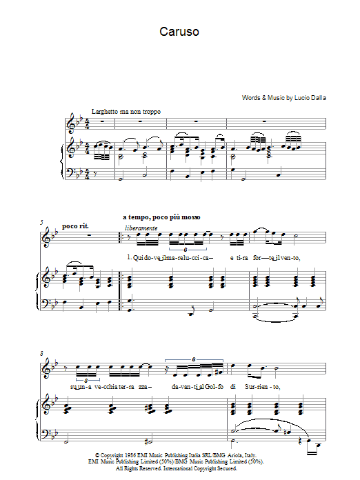 Luciano Pavarotti Caruso sheet music notes and chords arranged for Piano & Vocal