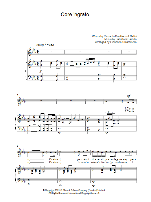 Luciano Pavarotti Core 'Ngrato sheet music notes and chords arranged for Piano, Vocal & Guitar Chords