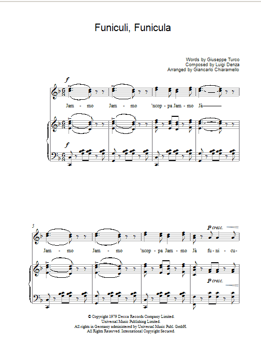 Luciano Pavarotti Funiculi, Funicula sheet music notes and chords arranged for Piano, Vocal & Guitar Chords