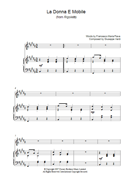Luciano Pavarotti La Donna e Mobile sheet music notes and chords arranged for Piano, Vocal & Guitar Chords