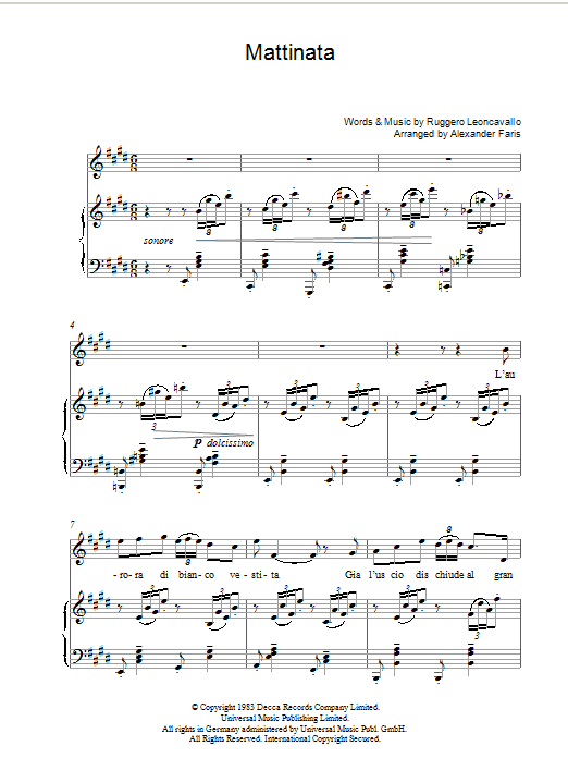 Luciano Pavarotti Mattinata sheet music notes and chords arranged for Piano, Vocal & Guitar Chords